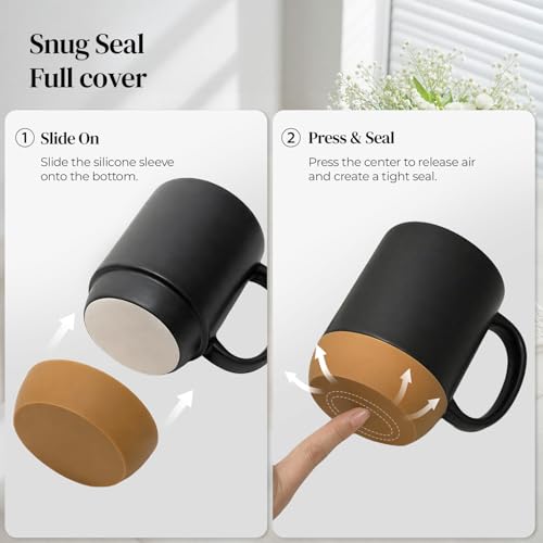 DOWAN Coffee Mugs, 15 oz Upgraded Coffee Mug with Silicone Bottom, Large Ceramic Coffee Mug set of 2 with Spill Proof Lid for Mom Dad, Big Mug for Latte Tea, Matte Grey