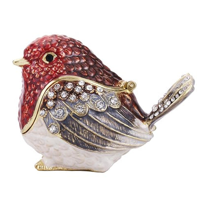 Hand Painted Enamel Hinged Trinket Box, Unique Mini Ring Necklace Jewelry Organizer, Classical Antique Bejeweled Storage, Figurine Collectible Keepsake Home Decor (Robin Bird-Red)