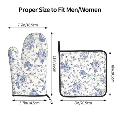 Giwawa Chinoiserie Flower Oven Mitts and Pot Holder Blue Leaves Heat Resistant 2Pcs Washable Oven Gloves Hot Pads for Kitchen Baking Grilling BBQ - color: Chinoiserie Flower
