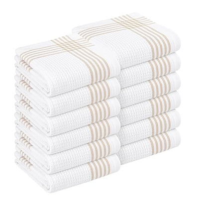 Beige and White Waffle Kitchen Towels 12 Pack, 100% Cotton, 16x26 Inch, Ultra Absorbent, Fast Dry Dish Towels, Reusable Dishcloths for Drying, Cleaning, Kitchen Use - color: Beige, White, style: 12 Pack