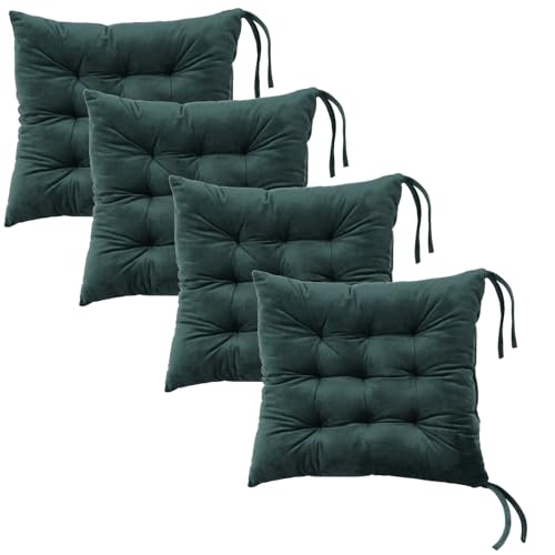 Set of 4 Chair Cushions for Dining Chairs with Ties, Indoor Non-Slip Kitchen Chair Pad and Dining Room Seat Cushion Mat for Office Living Room Outdoor 15.5" - Dark Green - color: Dark Green, size: 4Pack
