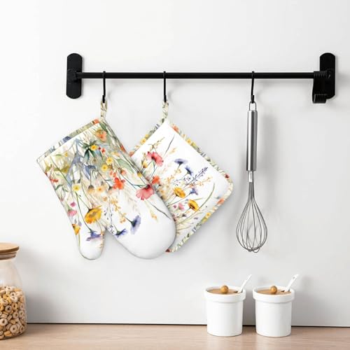 Wildflowers Oven Mitts and Pot Holders Sets for Kitchen Silicone Watercolor Flowers Oven Gloves Heat Resistant Blooming Flower Oven Mitts with 2 Non-Slip Pads Kitchen Gloves for Cooking - color: Red Blue