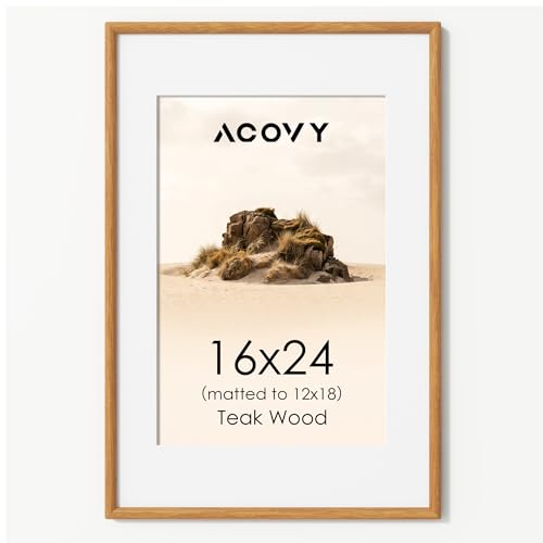 Acovy 16x24 Picture Frame, Natural Solid Teak Wood 16"x24" Photo Frame for Wall, Handcrafted Wooden Poster Frame 16 x 24 Matted to 12x18, High Definition Tempered Glass, Wall Hook Included, Natural Teak - color: Teak, size: 16"x24"