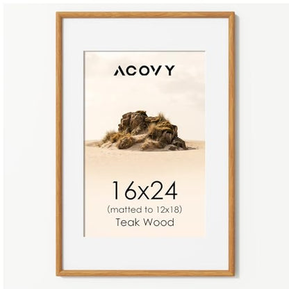 Acovy 16x24 Picture Frame, Natural Solid Teak Wood 16"x24" Photo Frame for Wall, Handcrafted Wooden Poster Frame 16 x 24 Matted to 12x18, High Definition Tempered Glass, Wall Hook Included, Natural Teak - color: Teak, size: 16"x24"