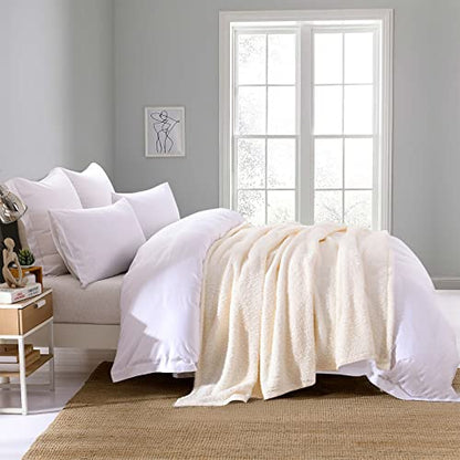 Ultra Soft Fleece Sherpa Blanket Queen Size, Lightweight Cozy Pattern Reversible Bed Blanket for All Season, Antique White, 90”x90” - color: Antique White, size: Queen-90" x 90"