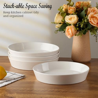 E-far Pasta Bowls, 34oz Stoneware Bowl Plate for Dinner Serving Soup Salad, Wide & Shallow Large Ceramic Pasta Plate Set of 4, Microwave & Dishwasher Safe, Speckled White, 8.7” - color: Speckled White