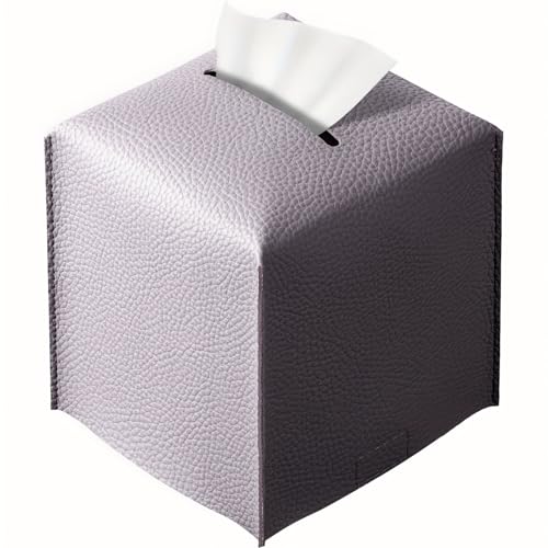 REGELETO Square Tissue Box Cover, Pu Leather Tissue Box Holder with Bottom Belt Modern Stylish Tissue Box Organizer for Bathroom, Bedroom, Hotel, Office Desk 5"X5"X5" - color: Single-purple