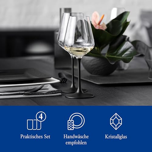 Villeroy & Boch Manufacture Rock Set of 4 White Wine, Crystal Glass Black Stem, Dishwasher Safe | Black-stemmed crystal glass wine goblets, hand wash only, freshen up the table for white wine service - color: Clear/Black