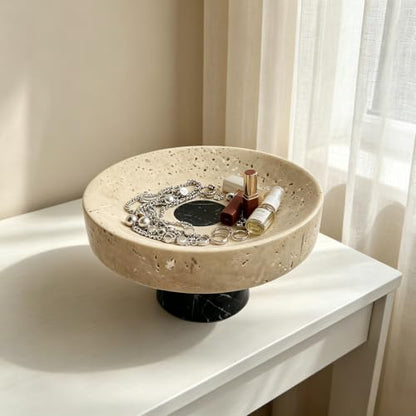 Natural Travertine Marble Pedestal Tray 6.7" x 6.7" x 3.9", Minimalist Catchall Vanity Tray for Perfume Jewelry Entryway Bathroom Decor Stone Footed Bowl - size: 6.69*3.94in