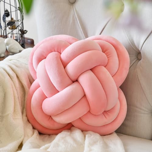 Knot Pillow Ball, 12" Decorative Throw Pillows for Couch Bed, Coral Pink | Decor Knotted Square Floor Pillow Cushions with Velvet Fabric for Bedroom Living Room - color: Coral Pink