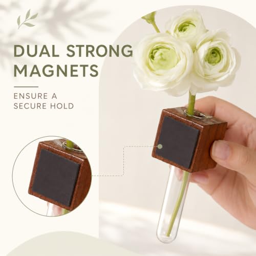 WLLHYF Magnetic Test Tube Flower Vases for Refrigerator Set of 2 Wooden Fridge Magnet Planters with Glass Tubes Propagation Station for Hydroponic Display (No Plant Included)