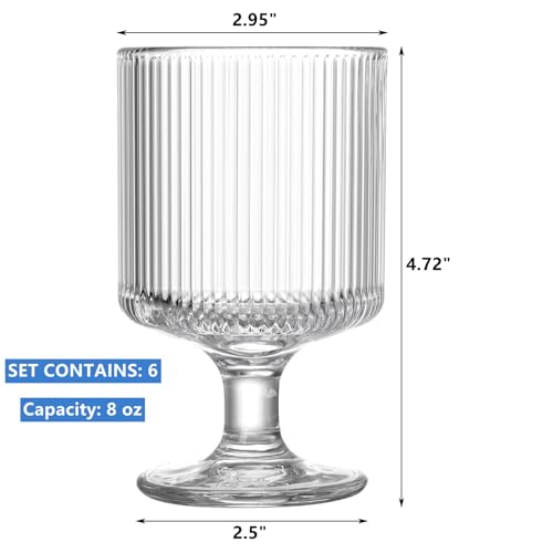 DEAYOU Set of 6 Ribbed Vintage Wine Glasses, 8 oz Clear Interlocking Ribbed Water Goblet Glasses, Unique Short Stem Cocktail Glasses for Iced Tea, Juice, Whiskey, Beer, Dessert, Party