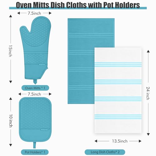 Oven Mitt and Pot Holders Sets, Quilted Cotton Terry Cloth,Non-Slip Pot Holder, Silicone Oven Mitt Heat Resistant, Oven Mittens 7.3"x14.2", Hot Pad 7"x10" & Dish Cloths 13"x25" - color: Lake Blue