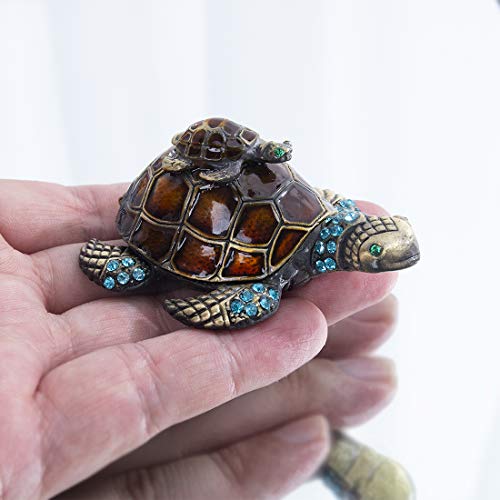 YU FENG 2.7 Inch Mother and Baby Turtle Figurines Jewelry Trinket Boxes | Hand-Painted Enamel Figurine, Sparkling Crystal Shell, Jewelry Keepsake Box, Decorative Animal Collectible Gift - color: brown
