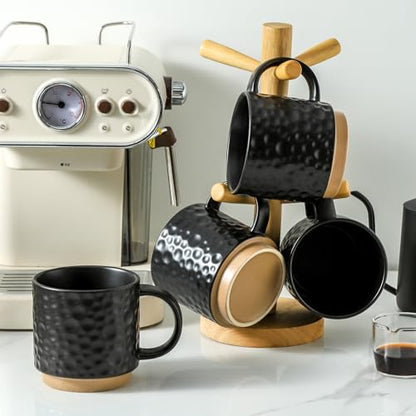 Nihow 16OZ Stackable Coffee Mug Set, Large Ceramic Coffee Mug Set of 4,Coffee Cup Set for Cappuccino/Latte/Cocoa,Dishwasher & Microwave Safe, Matte Black - color: Matte Black, size: 16 oz Without Stand