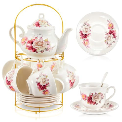 Zhehao 20 Pcs Porcelain Tea Set with Metal Holder and Spoon Adult Ceramic Tea Set European Flower Painting Teapot Cup Saucer Spoon for Women Mom Gift, Large Version (Grace Style) - color: Grace Style