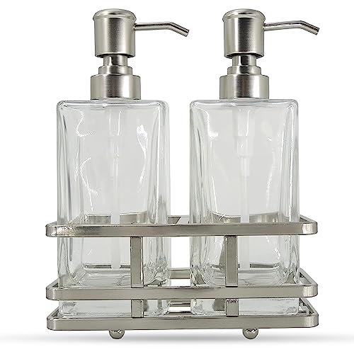 Square Glass Clear Lotion and Soap Pump Dispenser Set with Metal Stand Caddy for Bathroom Bath Kitchen Home Office Travel Hotel Hand Crafted Heavy Weight Nickel - color: Nickel