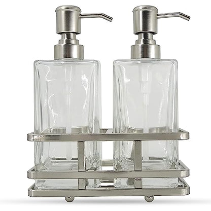 Square Glass Clear Lotion and Soap Pump Dispenser Set with Metal Stand Caddy for Bathroom Bath Kitchen Home Office Travel Hotel Hand Crafted Heavy Weight Nickel - color: Nickel