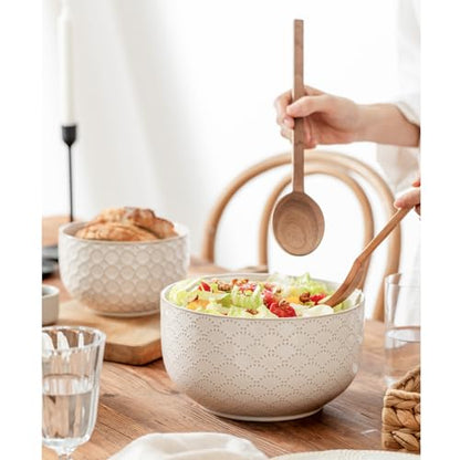 Mikiegy Ceramic Mixing Bowls Set of 2, Nesting Ceramic Embossment Stoneware Mixing Bowls for Cooking, Serving, Popcorn, Salad etc, Microwave & Dishwasher Safe, 44/98 oz, Off-White - size: 44&98 oz