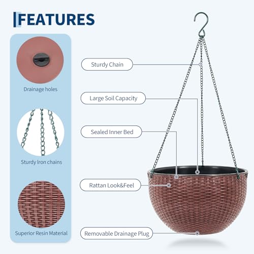 13.8 Inch Self Watering Hanging Planter, 2PCS Round Resin Hanging Basket for Indoor Outdoor Plants, Rattan Look Flower Pot with Drainage Plug, Deep Inner Pot and Sturdy Metal Triple-Chain Hanger - color: Coffee Brown