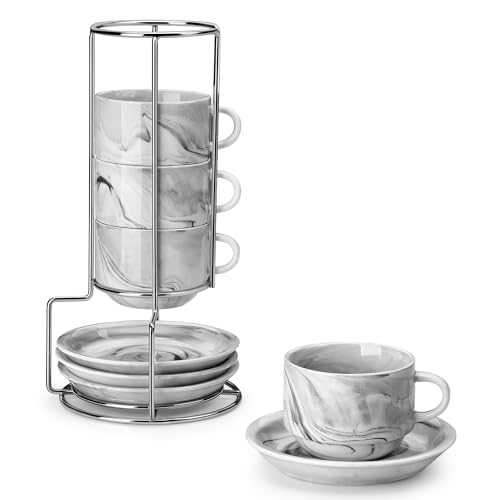 MALACASA 8 OZ Porcelain Espresso Cups with Saucers and Metal Stand Set of 4, Stackable Cappuccino Cups, Marble Gray Expresso Shots Cup Set for Coffee Drinks, Latte, Tea - color: Marble Gray, size: 8 Oz