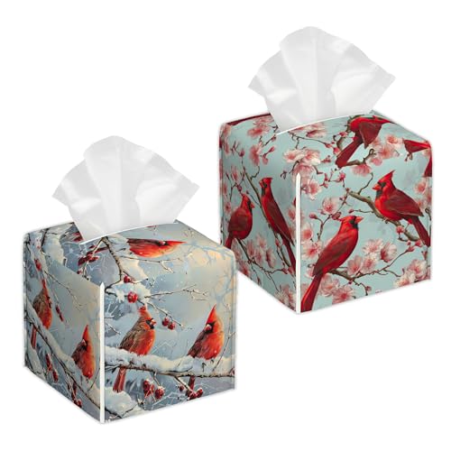 Winter Red Cardinal Bird 2 Pcs Tissue Box Cover Square, Leather Tissue Box Holder for Bathroom Livingroom Bedroom, Spring Flowers Decorations Cube Tissue Holder - color: Winter Red Cardinal Bird