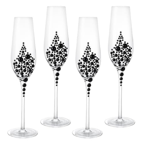 MyGift Champagne Flutes 6 oz, Clear Glass Stemmed Toasting Glasses with Faux Black Pearls – Wedding, Bridal Shower & Bachelorette Party Glassware Set of 4 - color: Black