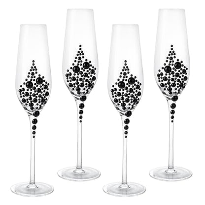 MyGift Champagne Flutes 6 oz, Clear Glass Stemmed Toasting Glasses with Faux Black Pearls – Wedding, Bridal Shower & Bachelorette Party Glassware Set of 4 - color: Black