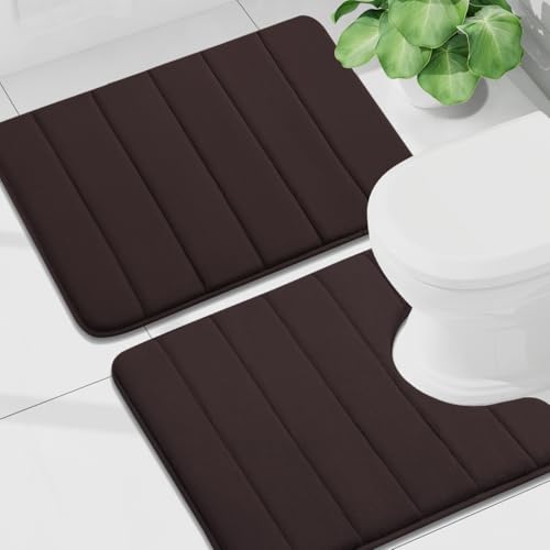 Buganda Memory Foam U-Shaped Toilet Rug Bath Mat Sets 2 Piece, 24x16+24x20 | Brown, Bathroom Mat and Contoured Toilet Rug, Machine Wash Dry, Soft Absorbent Bath Rug for Bathroom, Shower and Tub - color: Brown, size: 24" X 16"+24" X 20"