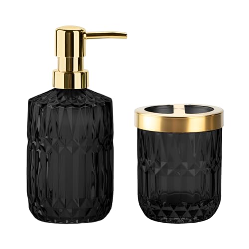 RRM Glass Bathroom Toothbrush Holder and Soap Dispenser Set,Black Gold | 2 Piece Bathroom Accessories Set for Modern Bathroom Decor - color: Black