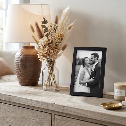 Americanflat 4x6 Picture Frame - Slim Molding - Black | Shatter-resistant glass, wall or tabletop display with included easel, triangle hangers included, secure turn-tab backing - color: Black, size: 4x6