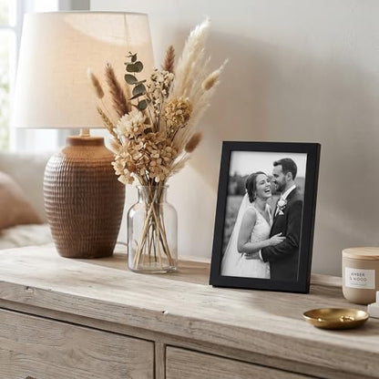 Americanflat 4x6 Picture Frame - Slim Molding - Black | Shatter-resistant glass, wall or tabletop display with included easel, triangle hangers included, secure turn-tab backing - color: Black, size: 4x6