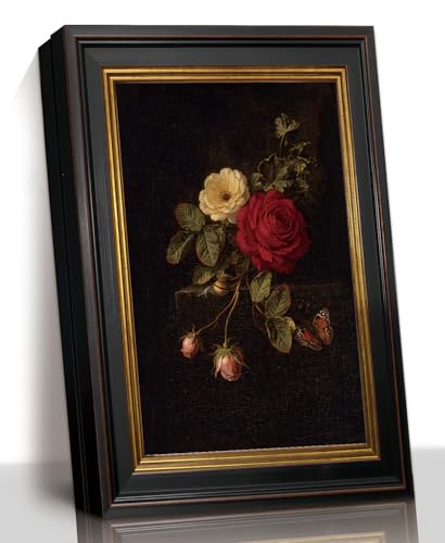 Tohirv Vintage Rose and Butterfly Wall Art, Black Gold Trim Frame, 9x11In | Dark botanical design adds moody vintage charm to living rooms, bedrooms, bathrooms, and entryways. - color: Red Rose and Butterfly, size: 11"L x 9"W