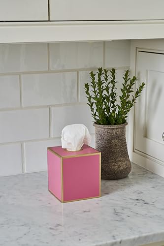 Jaye's Studio Pink Tissue Box Cover, Cute Square Metal Cube for Bathroom | Matte Hand-Painted Finish, Fits Standard Facial Holders, Gold Trim Detail, Open Bottom, Vanity Dorm Desk Use - color: Pink