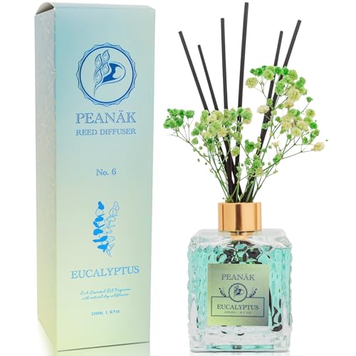 Reed Diffuser Set - Eucalyptus Mint Oil, Oil Diffuser Sticks, Bathroom Diffuser, Bathroom Decor, 200ml with Preserved Flowers - PEANÄK - size: 6.7 Ounce/1pack