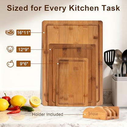 Cutting Board Set with Holder, Space Saving Kitchen Bamboo Chopping Boards, Build in Juice Groove and Grip Handle, Durable Wooden Serving Board for Meal Prep & Charcuterie, Gift Idea - color: Carbonized Bamboo, size: Set of 3 | Small + Medium + Large