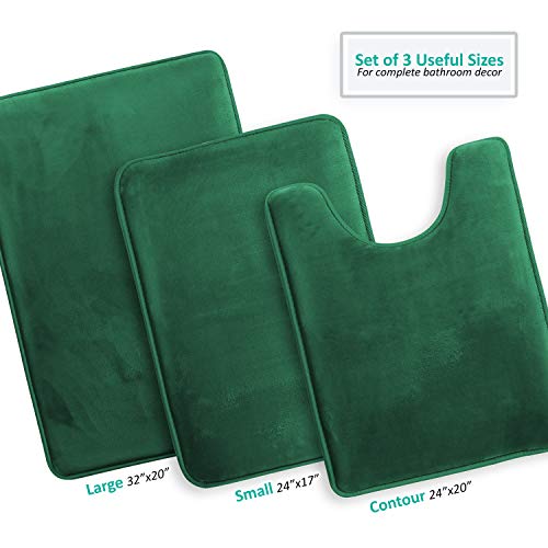 Clara Clark 3 Piece Bathroom Rugs Bath Mat Set, Velvet Memory Foam Bath Mats for Bathroom - Non-Slip, PVC Backing Bath Rugs, Washable - Dries Quickly, Green - color: Hunter Green