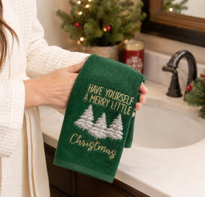 Holiday Christmas Bathroom Guest Hand Towels, 100% Cotton, Set of 2, Have Yourself a Merry Little Christmas Gold White on Green- 16” x 25” Decorative Bath & Kitchen Towels - color: Little Christmas
