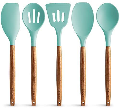 Zulay Kitchen 5 Piece Silicone Utensil Set | Non-Stick Silicone Cooking Utensils Set with Acacia Wood Handles - 464°F Heat Resistance Kitchen Utensils Set - Aqua - color: Sky Aqua, size: 5-Piece Set