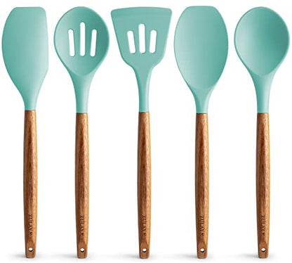 Zulay Kitchen 5 Piece Silicone Utensil Set | Non-Stick Silicone Cooking Utensils Set with Acacia Wood Handles - 464°F Heat Resistance Kitchen Utensils Set - Aqua - color: Sky Aqua, size: 5-Piece Set