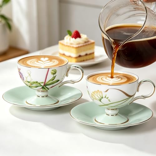 KAMMAK Tea Cups Set of 2,Ceramic Floral Pattern Demitasse Cup | Porcelain Espresso Cup with Saucer, 6.76 oz Handmade Elegant Bone China Tea Cups for Latte, Americano, Cappuccino - color: Freesia & Clematis