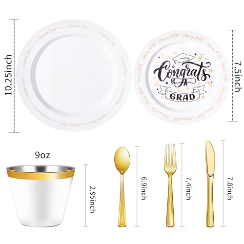 350 Piece Graduation Gold Plastic Dinnerware Set for 50 Guests | Disposable Dinnerware Includes: 50 Dinner Plates, 50 Dessert Plates, 50 Cups, 50 Pre Rolled Napkins with Silverware - color: White, style: 350 Piece (50 guests)