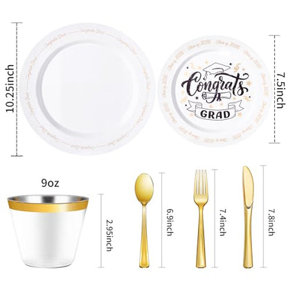 350 Piece Graduation Gold Plastic Dinnerware Set for 50 Guests | Disposable Dinnerware Includes: 50 Dinner Plates, 50 Dessert Plates, 50 Cups, 50 Pre Rolled Napkins with Silverware - color: White, style: 350 Piece (50 guests)