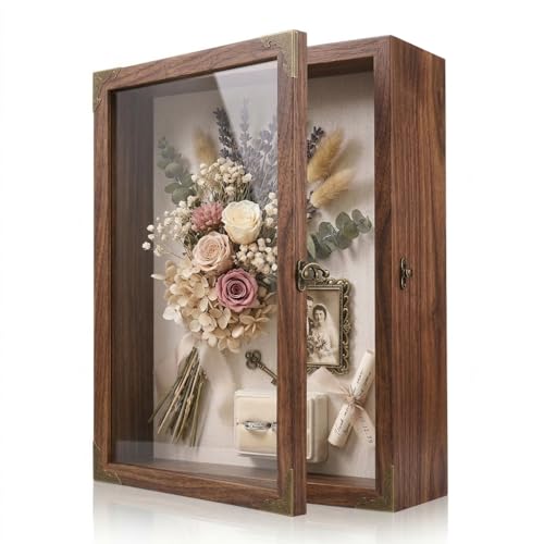 Shadow Box Frame 13x16, Large Memory Display Case with Retro Metal Corner Accents, Carbonized Wood Frame, Linen Back, and 10 Wooden Push Pins for Photos, Medals, Wedding Memory, and Keepsakes