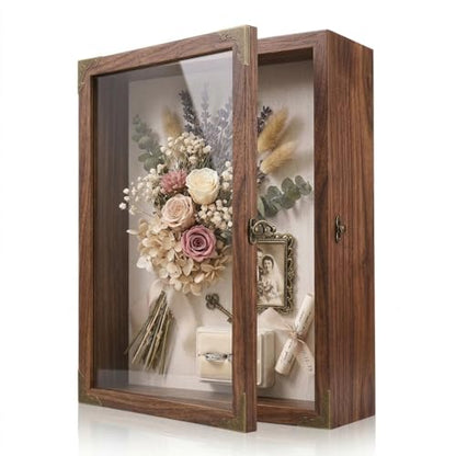 Shadow Box Frame 13x16, Large Memory Display Case with Retro Metal Corner Accents, Carbonized Wood Frame, Linen Back, and 10 Wooden Push Pins for Photos, Medals, Wedding Memory, and Keepsakes