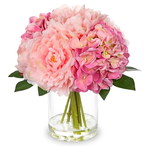 Hollyone Pink Hydrangea Peonies Artificial Flowers Real Touch Fake Flowers Arrangements in Vase with Faux Water Peony Hydrangeas Silk Flower with Vase for Table Centerpiece Shelf Home Decor - color: Peonies and Hydrangea - Pink