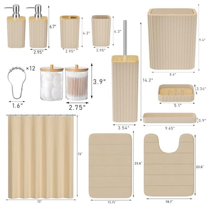 XLHOMO Bathroom Set- 25PC Beige Bathroom Set, Bathroom Set with Shower Curtain and Rugs, Beige Shower Curtain Set, Toilet Brush, Bathroom Trash Can - size: Bath Set+Shower Curtain+Rugs, style: Beige