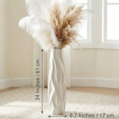 White Tall Ceramic Floor Vase, 24 Inch, Pleated Wave Design | Glossy Glazed Finish, Living Room, Fireplace, Entryway, Pampas Grass - color: Shape 1, size: 24 Inch
