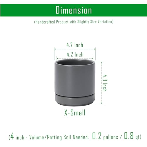 D'vine Dev 4-Pack Ceramic Pots with Saucers, Grey, 4.7 in, 94-X-B-3 | Glazed Ceramic, Drainage Hole and Saucer, Sleek Cylinder Shape, High Temperature Fired, Ideal for Small Houseplants - color: Gray, size: 4.7 Inch