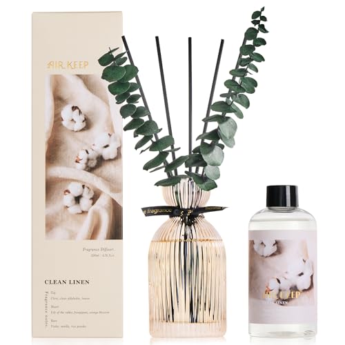 Reed Diffuser Set 6.76 oz – Clean Linen Decorative Home Fragrance with Eucalyptus Sticks, Ribbed Glass Diffuser for Bathroom & Bedroom Décor, Gift Ready - color: Clean Linen